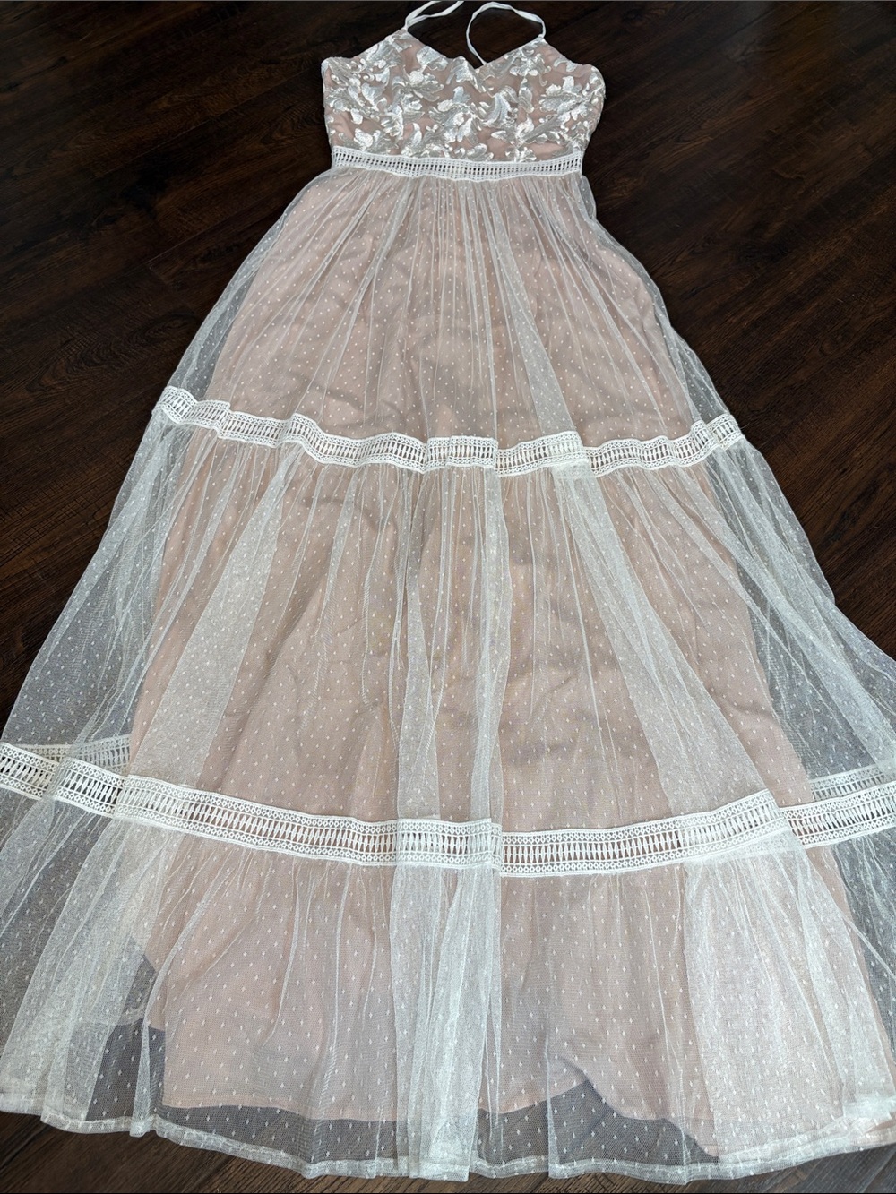Lulus “Elenora” Women’s XS Sheer Dot Lace Tiered Maxi Dress - Blush & White